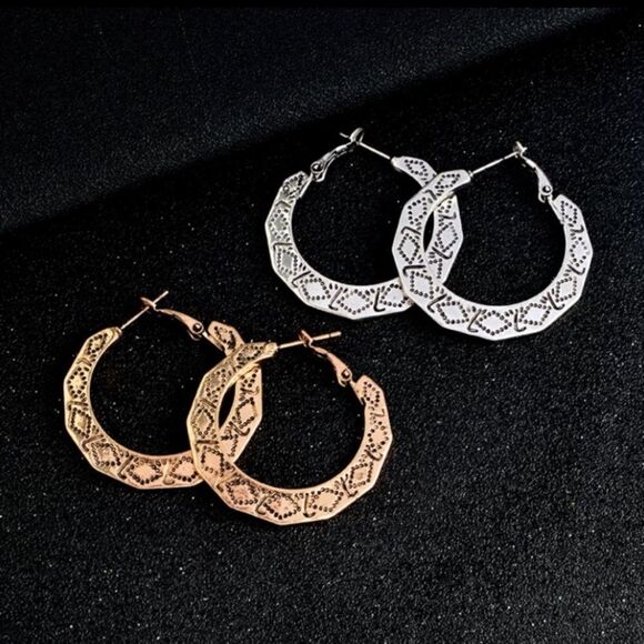 Bohemian Gold Antique Hoop Earrings Geometric - Picture 2 of 6